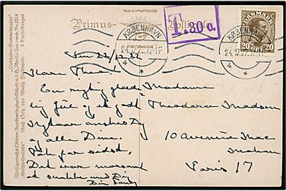 20 øre Chr. X single på underfrankeret brevkort fra København d. 24.12.1922 til Paris. Frankrig. Violet portostempel T. 30 c..