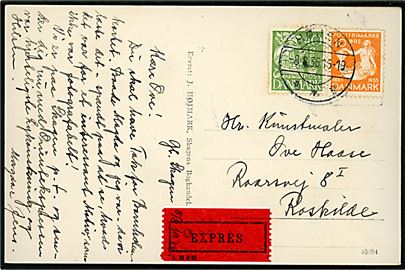 10 øre H. C. Andersen og 40 øre Karavel på ekspres brevkort annulleret brotype IIc Højen d. 8.8.1936 til Roskilde.