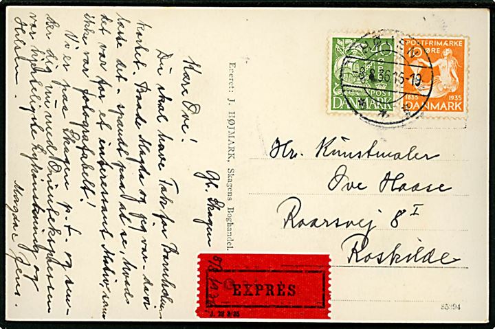 10 øre H. C. Andersen og 40 øre Karavel på ekspres brevkort annulleret brotype IIc Højen d. 8.8.1936 til Roskilde.