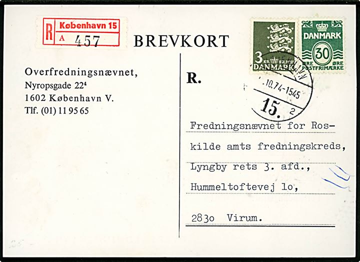 30 øre Bølgelinie og 3 kr. Rigsvåben på anbefalet brevkort fra Overfredningsnævnet i København d. 24.10.1974 til Virum.