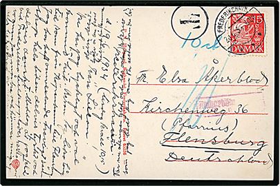 15 øre Karavel single på underfrankeret brevkort (Hoffmanns Hotel, Frederikshavn) fra Frederikshavn d. 20.6.1934 til Flensburg, Tyskland. Sort T-stempel og påskrevet 10 cts, samt udtakseret i 10 pfg. tysk porto.
