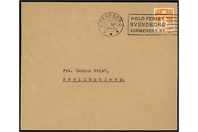 6 øre Bølgelinie single på tryksag stemplet Svendborg d. 1.9.1943 til Bøvlingbjerg. Sendt fra Niels Bukh, Gymnastikhøjskolen i Ollerup.