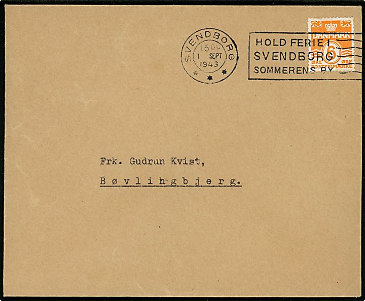 6 øre Bølgelinie single på tryksag stemplet Svendborg d. 1.9.1943 til Bøvlingbjerg. Sendt fra Niels Bukh, Gymnastikhøjskolen i Ollerup.