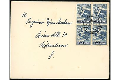 40+5 øre Frihedsfonden i fireblok på brev annulleret Det danske Brigade / 4 / * i Tyskland * d. 7.10.1947 til København. Sendt fra den danske forlægning i Varel, Tyskland.