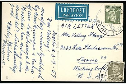 35 øre og 40 øre Fr. IX på luftpost brevkort fra Præstø d. 4.7.1957 til Tacoma, USA. Et mærke yderligt placeret.