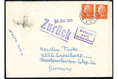 60 øre Margrethe i parstykke på brev fra Bøvlingbjerg d. 8.10.1975 til Espelkamp, Tyskland. Retur med flere stempler. 