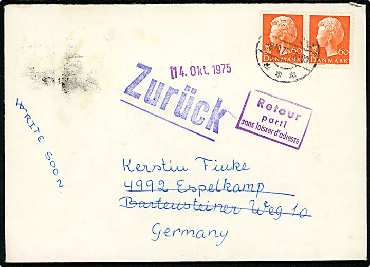 60 øre Margrethe i parstykke på brev fra Bøvlingbjerg d. 8.10.1975 til Espelkamp, Tyskland. Retur med flere stempler. 