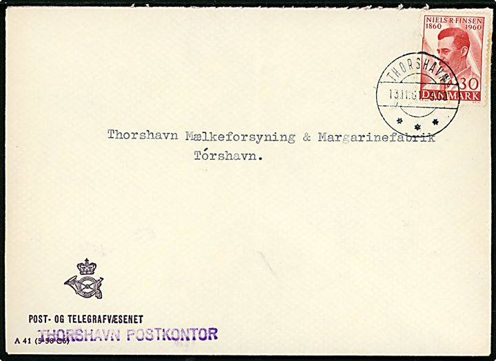 30 øre Finsen udg. på fortrykt kuvert fra Post- og Telegrafvæsenet - A41 (5-58 C6) sendt lokalt i Thorshavn d. 13.11.1961. Violet kontor stempel: THORSHAVN POSTKONTOR.