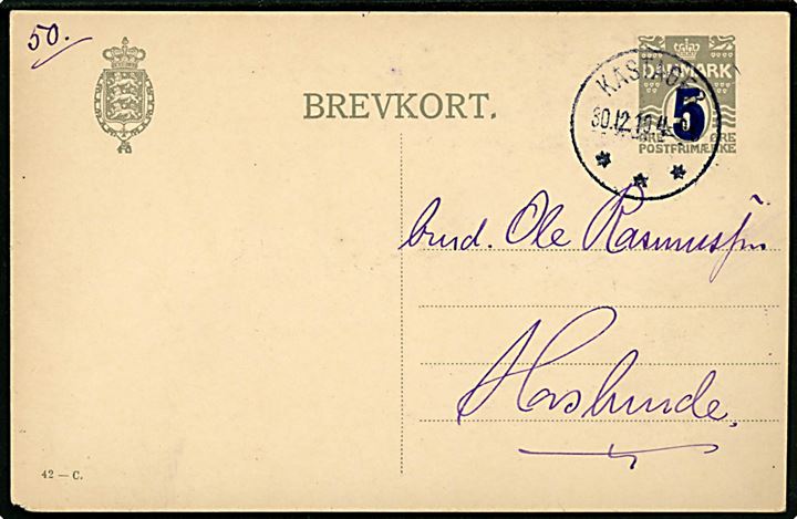 5/3 øre provisorisk helsagsbrevkort (fabr. 42-C) annulleret med brotype IIIb Kastager d. 30.12.1919 til Horslunde.