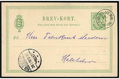 5 øre Våben helsagsbrevkort dateret Bækmarksbro og annulleret med lapidar bureaustempel Lemvig - Vemb d. 28.1.1898 til Holstebro.