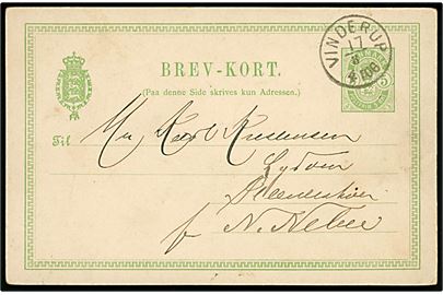 5 øre Våben helsagsbrevkort fra Sevel annulleret lapidar Vinderup d. 17.8.1890 via Varde til Nørre Nebel.