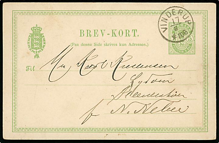 5 øre Våben helsagsbrevkort fra Sevel annulleret lapidar Vinderup d. 17.8.1890 via Varde til Nørre Nebel.