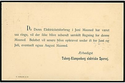 3 øre lokalt helsagsbrevkort stemplet Kjøbenhavn d. 14.7.1906 til Hellerup. På bagsiden meddelelse fra Tuborg-Klampenborg elektriske Sporveje vedr. elektricitetsforbrug. 