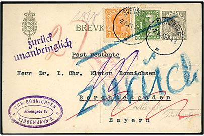 8 øre Chr. X helsagsbrevkort (fabr. 62-H) opfrankeret med 7 øre Chr. X og 10 øre Genforening fra Svendborg d. 2.8.1921 til poste restante i Berchtesgaden, Bayern. Retur som uanbringelig.