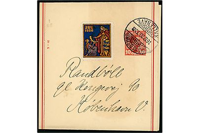 10 øre Chr. X helsags korsbånd (fabr. 30-K) med Julemærke 1920 annulleret med bureaustempel Masnedsund - Kallehave T.5 d. 16.12.1920 til København.