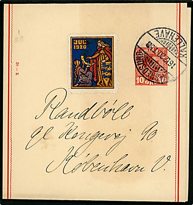10 øre Chr. X helsags korsbånd (fabr. 30-K) med Julemærke 1920 annulleret med bureaustempel Masnedsund - Kallehave T.5 d. 16.12.1920 til København.