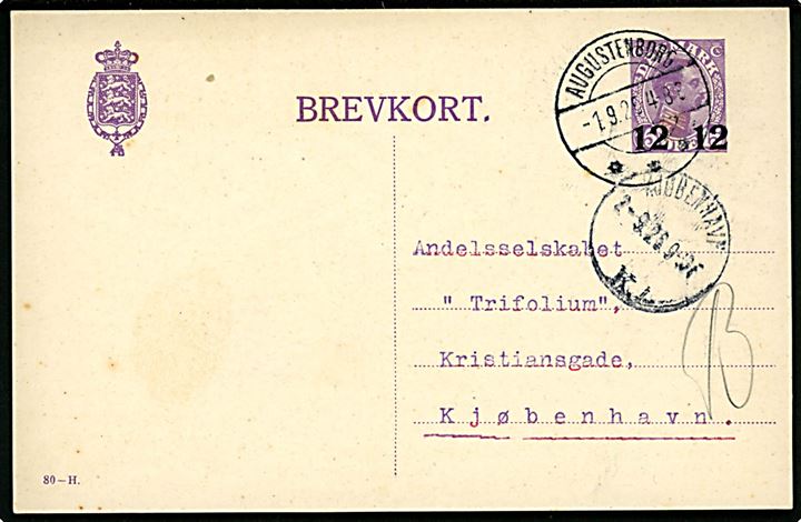 12/15 øre provisorisk helsagsbrevkort (fabr. 80-H) annulleret brotype IIb Augustenborg sn2 d. 1.9.1926 til København.