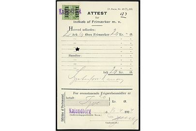 10 øre Gebyr provisorium annulleret med violet kontorstempel Kalundborg på Attest for Indkøb af Frimærker m.v. - (F. Form Nr. 43 (1/4 23) - dateret d. 16.4.1924.