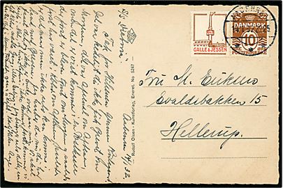 10 øre Bølgelinie og Galle & Jessen Reklamemærke i sammentrykt parstykke på brevkort fra Aabenraa d. 14.1.1932 til Hellerup.