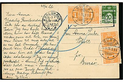 10 øre Bølgelinie på underfrankeret brevkort fra København d. 29.4.1926 til Søholt pr. Bursø. Udtakseret i porto med 1 øre Portomærke (4) annulleret brotype Ia Bursø d. 30.4.1926. To mærker yderligt placeret.