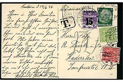 Tysk 6 pfg. Hindenburg på underfrankeret brevkort fra Bad Nauheim d. 17.6.1936 til Haderslev, Danmark. Udtakseret i porto med 2 øre, 5 øre Portomærke og 15/12 øre Portoprovisorium stemplet Haderslev d. 18.6.1936. To mærker yderligt placeret.