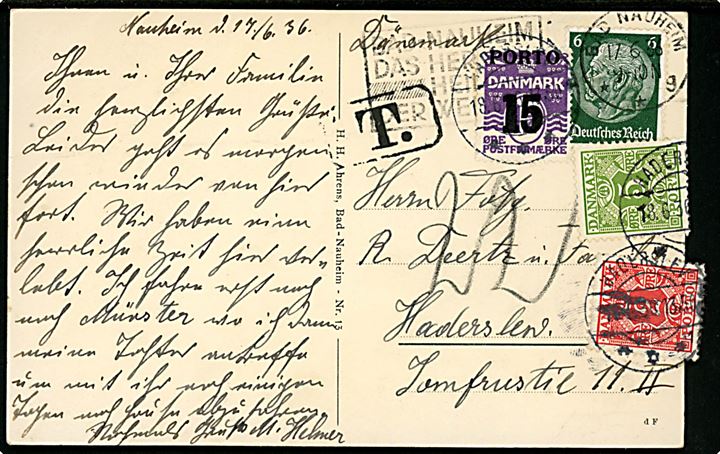 Tysk 6 pfg. Hindenburg på underfrankeret brevkort fra Bad Nauheim d. 17.6.1936 til Haderslev, Danmark. Udtakseret i porto med 2 øre, 5 øre Portomærke og 15/12 øre Portoprovisorium stemplet Haderslev d. 18.6.1936. To mærker yderligt placeret.