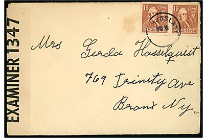15 öre Linné i parstykke på brev fra Mjöslätt d. 29.6.1941 (?) til Bronx, USA. Åbnet af britisk censur PC90/1347.