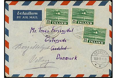 25 aur Hekla udg. (3) på luftpostbrev fra Reykjavik d. 5.10.1949 til Gedsted, Danmark - eftersendt til Viborg.