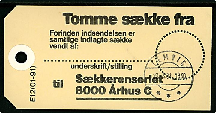 Tomme sække fra. Manilamærke formular E12 (01-91) fra Lemvig d. 23.3.1991 til Sækkerenseriet i Århus C.
