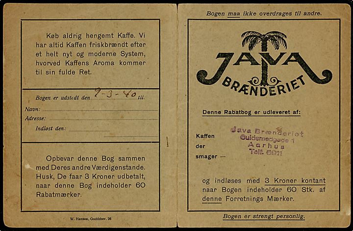 Java-Brænderiet Rabatbog udstedt i Aarhus 1940 med to stk. 5 øre rabatmærker. 