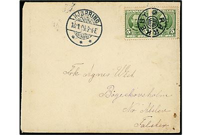 5 øre Fr. VIII i parstykke på brev annulleret med stjernestempel RAKKEBY og sidestemplet Hjørring d. 16.1.1909 til Nr. Alslev.