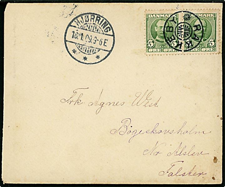 5 øre Fr. VIII i parstykke på brev annulleret med stjernestempel RAKKEBY og sidestemplet Hjørring d. 16.1.1909 til Nr. Alslev.
