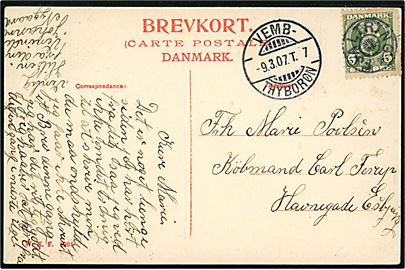 5 øre Chr. IX på brevkort annulleret med stjernestempel FJALTRING og sidestemplet bureau Vemb - Thyborøn T.7 d. 9.3.1907 til Esbjerg.