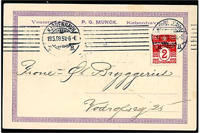 2 øre Bølgelinie single på lokalt tryksagskort i Kjøbenhavn d. 19.5.1908.
