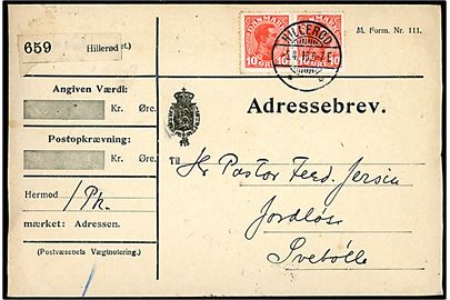 10 øre Chr. X i parstykke på adressebrev fra Hillerød d. 5.4.1916 til Jordløse pr. Svebølle.