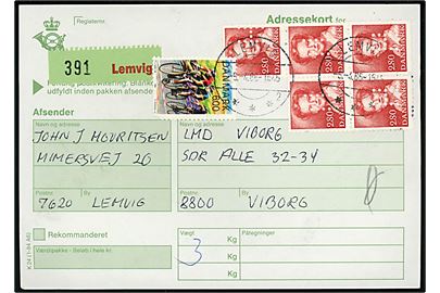 2,80 kr. Margrethe (5) med perfin H (= Hjemmeværnet) og 6 kr. Sport (defekt) på adressekort for pakke fra Lemvig d. 5.4.1986 til LMD (= Luftmeldedistrikt) Viborg.