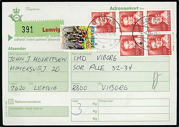 2,80 kr. Margrethe (5) med perfin H (= Hjemmeværnet) og 6 kr. Sport (defekt) på adressekort for pakke fra Lemvig d. 5.4.1986 til LMD (= Luftmeldedistrikt) Viborg.