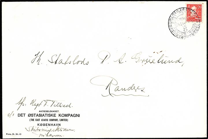 20 øre Chr. X med perfin Ø.K. på fortrykt kuvert fra Det Østasiatiske Kompagni annulleret med særligt stempel fra København 8 Frihavnen d. 24.8.1944 til Randers. 