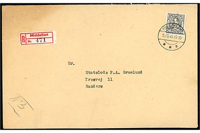 50 øre Chr. X single på anbefalet brev fra Middelfart d. 18.10.1945 til Randers. På bagsiden afs.-stempel: Patruilleledelsen / København. 