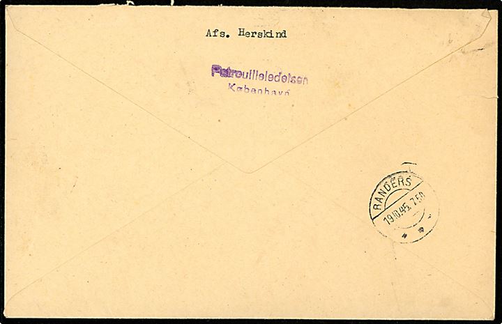 50 øre Chr. X single på anbefalet brev fra Middelfart d. 18.10.1945 til Randers. På bagsiden afs.-stempel: Patruilleledelsen / København. 