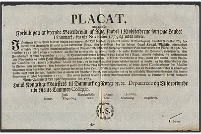 PLACAT angaaende Forbud paa at brænde Brændeviin af Rug saavel i Kjøbstæderne som paa Landet i Danmark fra 1ste November 1775 og indtil videre., udsendt af Rente-Cammeret d. 19.9.1775.