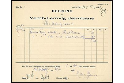 Vemb-Lemvig Jærnbane - Formular nr. 4 - Regning for franko fragtgods til Odense og København udstedt i Lemvig d. 30.4.1910.