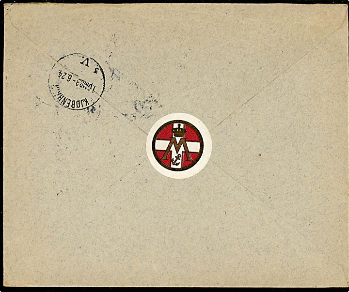 10 øre Bølgelinie og 30 øre Chr. X på lokalt anbefalet brev fra Marineforeningen i Kjøbenhavn d. 2.6.1924 til Kaptajnløjtnant Vedel, Ridder af Dannebrog.