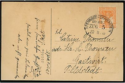 7½ pfg. Germania på brevkort annulleret med bureaustempel Apenrade - Gravenstein Bahnpost Zug 5 d. 20.11.1916 til Feldstedt.