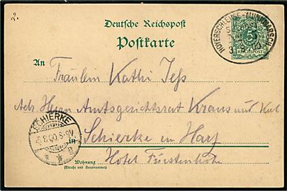 5 pfg. helsagsbrevkort skrevet i Keitum på Sylt annulleret med sejlende bureaustempel Hoyerschleuse - Munkmarsch Seepost No. 5 d. 3.8.1900 til Schierke, Harz.