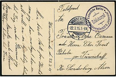 Ufrankeret feltpostkort fra sønderjysk marinesoldat fra Warnemünde d. 22.3.1915 til Paholm pr. Fünenshaff på Als. Briefstempel: Kaiserlische Marine / Briefstempel / * Hilfslazarettschiff D Imperator *.  