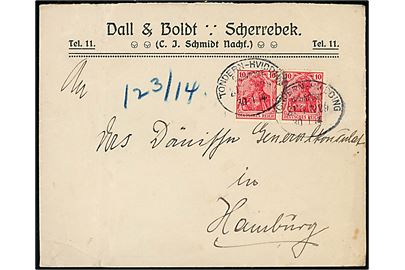 10 pfg. Germania i parstykke på firmakuvert fra Scherrebek annulleret med bureaustempel Tondern - Hvidding Bahnpost Zug 1229 d. 30.1.1914 til det danske generalkonsulat i Hamburg.