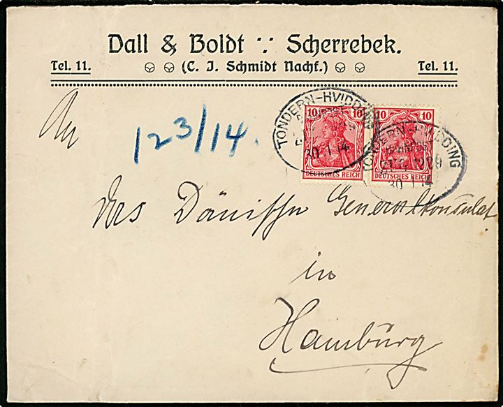 10 pfg. Germania i parstykke på firmakuvert fra Scherrebek annulleret med bureaustempel Tondern - Hvidding Bahnpost Zug 1229 d. 30.1.1914 til det danske generalkonsulat i Hamburg.