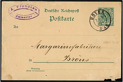 5 pfg. Ciffer helsagsbrevkort fra Emmerlev annulleret med 2-ringsstempel Hoyer d. 7.5.1894 til Brøns. Skader i nedre højre hjørne.