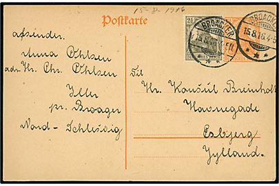 7½ pfg. helsagsbrevkort opfrankeret med 2½ pfg. Germania dateret i Iller og stemplet Broacker *** d. 15.8.1915 til den tyske konsul i Esbjerg, Danmark.